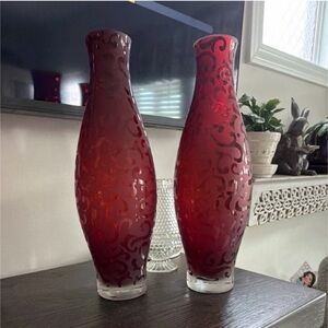 Pair of Red Etched Glass Vases — Decorative Accent Set